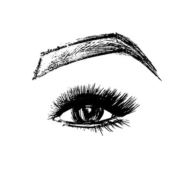 Eye logo makeup. Sketch eyelashes eyebrow. Look black and white icon.