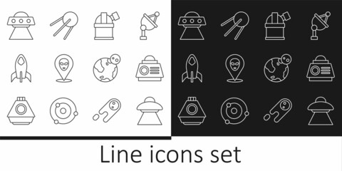 Set line UFO flying spaceship, Space capsule, Astronomical observatory, Alien, Rocket, Earth globe and Satellite icon. Vector