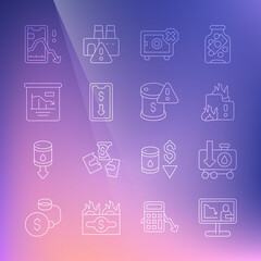 Set line Global economic crisis news, Drop in crude oil price, Fire burning house, Safe, Mobile stock trading, Pie chart infographic, and icon. Vector