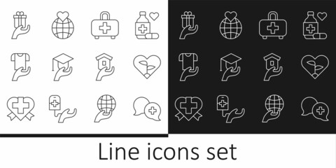 Set line Dialogue with doctor, Leaf in heart, First aid kit, Education grant, Clothes donation, Give gift, Shelter for homeless and Hand holding Earth globe icon. Vector