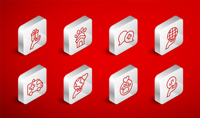 Set line Donation and charity, Animal shelter house, Dialogue with doctor, Hand holding Earth globe, Heart animals footprint, Give gift, and Ambulance car icon. Vector