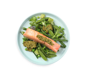 Tasty cooked salmon with pesto sauce and fresh salad on white background, top view