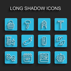 Set line Christmas mitten, September calendar autumn, Basket and food, Herbarium, Hive for bees, Eggplant, Leaf and Thermometer icon. Vector