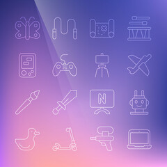 Set line Laptop, Robot toy, Toy plane, Pirate treasure map, Gamepad, Tetris electronic game, Butterfly and Wood easel icon. Vector