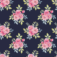 Seamless botanical ornament. Watercolor peony flowers collected in a seamless pattern. Elegant bouquet of peony flowers with leaves on a delicate background.