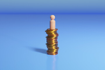 Wooden peg doll on stack of coins. Financial success concept.