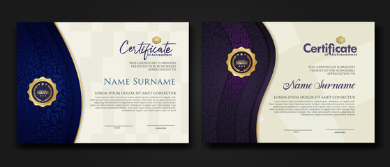 Certificate of achievement and appreciation border template with luxury badge and textured modern floral pattern. For award, business, and education needs