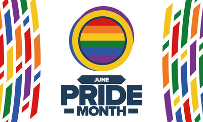 Pride Month in June. LGBT flag. Lesbian Gay Bisexual Transgender. Celebrated annual. Rainbow colours, love concept. Human rights and tolerance. Poster, banner and background. Vector illustration