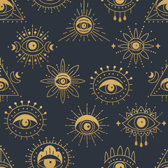Gold Evil doodle eye seamless pattern design. Background with hand drawn witchcraft eye talisman, magical religion sacred symbols in a trending minimal linear style. For t-shirt prints, cards, covers