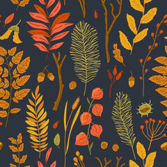 Autumn leaves a seamless pattern wallpaper image. Vector illustration. Yellow garden leaf, red fall leaf. Botanical forest plants tree foliage. 