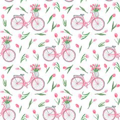 Bicycle and tulips watercolor seamless pattern. Pink tulips. Pink bike. Spring blooming garden. Flowers. Spring background. Pink, green, gray colors. For printing on textiles, wrapping paper, notepads