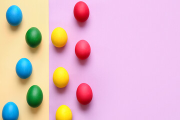 Multicolored Easter eggs on color background