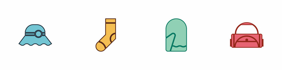Set Elegant women hat, Socks, Christmas mitten and Sport bag icon. Vector