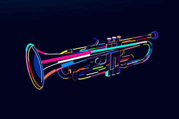 Abstract trumpet wind musical instrument from multicolored paints. Colored drawing. Vector illustration of paints