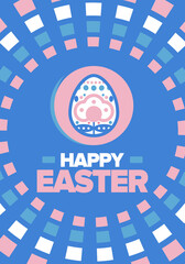 Happy Easter in April. Christian spring holiday in honor of the resurrection of Christ. Biblical history. Traditional dyeing eggs with patterns, fun game for children searching for easter eggs. Vector