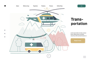 Medical transportation -medical insurance web template -modern flat vector concept digital illustration - a flying helicopter with a cross on board, and emergency van riding by twist mountain road