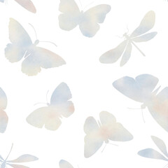 Watercolor butterflies seamless pattern. Abstract butterflies painted in watercolor in mixed media. Botanical background for design, print, wallpaper, textile, wrapping paper.