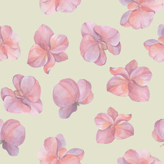 Watercolor seamless pattern of orchid flowers. Abstract background for design, wallpapers, wrapping paper. Orchid flowers ornament on a bright background.