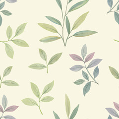 Fototapeta na wymiar Seamless botanical pattern. Watercolor leaves drawn on paper and assembled into an ornament for design.