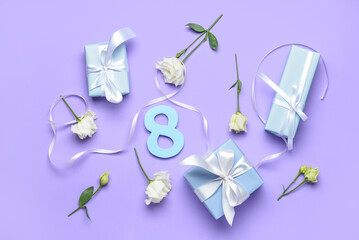Composition with gift boxes and flowers for International Women's Day on color background