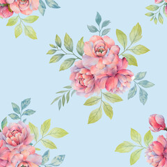 Seamless botanical ornament. Watercolor peony flowers collected in a seamless pattern. An elegant bouquet of peony flowers with delicate leaves on a bright background.
