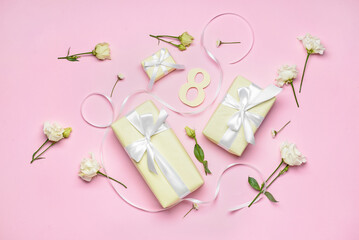 Composition with gift boxes and flowers for International Women's Day on color background
