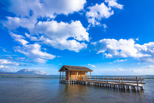Small fishing houses on stilts on the lake Mesologgi, Greece