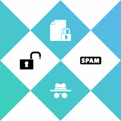 Set Open padlock, Incognito mode, Document and and Spam icon. Vector