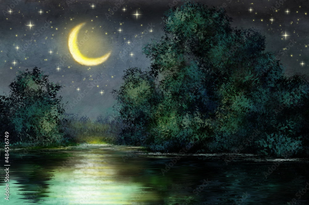 Poster Digital oil paintings landscape, artwork, night landscape with moon and stars