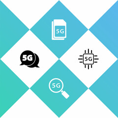 Set 5G network, Search, Sim Card and Processor icon. Vector