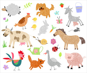 Child drawing. Farm animals on a white background - cow, pig, sheep, horse, rooster, chicken, donkey, chicken, goose, duck, goat, cat, dog