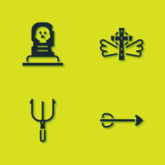 Set Grave with tombstone, Arrow, Neptune Trident and Christian cross icon. Vector