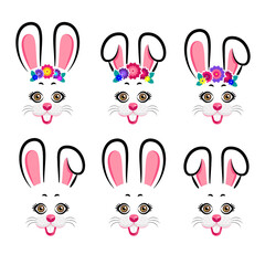 Collection of cute Easter bunnies with flowers. Easter Bunnies. Vector illustration