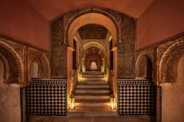 interior of some Arab baths with horseshoe arches for access to different rooms