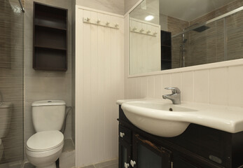 Fototapeta na wymiar Bathroom with dark wood vanity, semicircular single sink, and white wood framed mirror