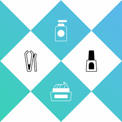 Set Nail cutter, Bottle of nail polish, Tube hand cream and icon. Vector
