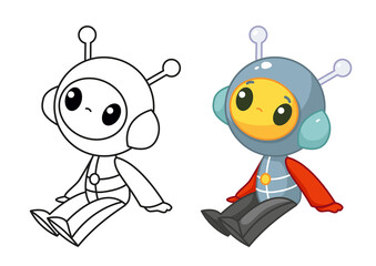 Cosmonaft. Set with coloring book and color example. Happy cute alien in space suit sits and smiles. Vector illustration in cartoon childish style. Isolated funny clipart. Seal.