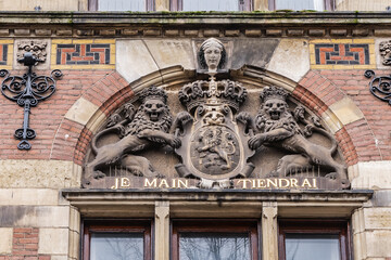 Fototapeta na wymiar Beautiful architecture of ancient building of The Hague: Department of Justice (Departement van Justitie) on Het Plein. Justice building was built in 1876 - 1880. Den Haag (The Hague). Netherlands.