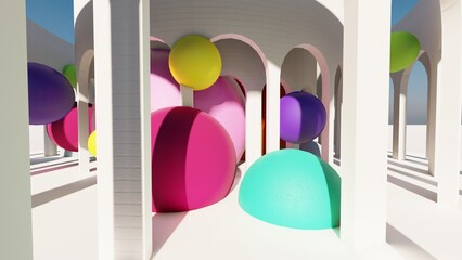 Entertainment room interior concept background multicolor balls filling arched openings 3d rendering