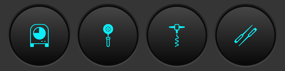 Set Kitchen timer, Spatula, Wine corkscrew and Food chopsticks icon. Vector