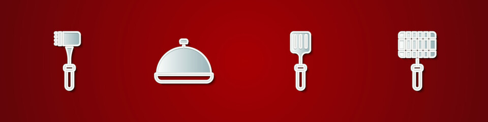 Set Kitchen hammer, Covered with tray of food, Barbecue spatula and steel grid icon. Vector