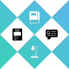 Set Exam paper with incorrect answers, Table lamp, Book and Speech bubbles Question icon. Vector