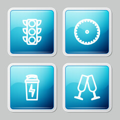 Set line Traffic light, Circular saw blade, Fitness shaker and Glasses of champagne icon. Vector