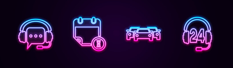 Set line Headphones with speech bubble, Calendar and clock, Cars and for support. Glowing neon icon. Vector