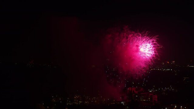 Aerial Shot Of Display Of Fireworks In City At Night - Los Angeles, California