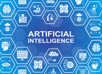 Artificial Intelligence icons banner. Robotics, Chatbot, Database, Big Data icons web header banner. Vector illustration modern layout template