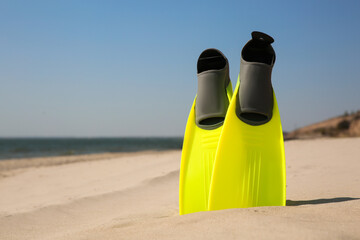 Pair of bright flippers on sandy beach, space for text © New Africa