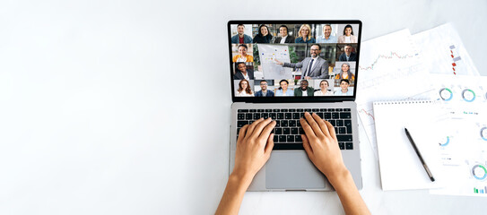 Online business meeting, briefing, financial webinar. On the laptop screen, group of multiracial people gathered in a video conference to discuss ideas, planning strategy. Copy space, mock-up concept - obrazy, fototapety, plakaty