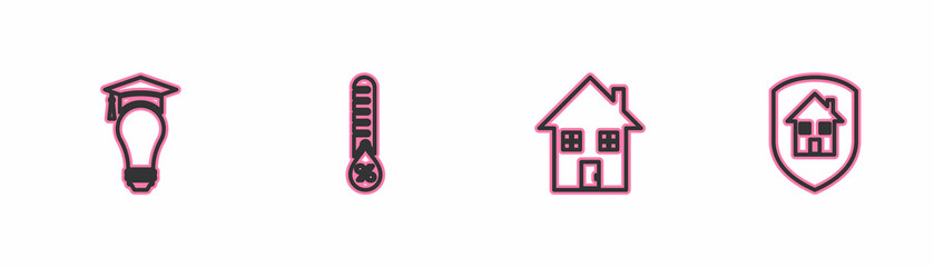 Set line Light bulb and graduation cap, House, Humidity and under protection icon. Vector