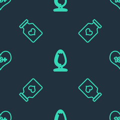 Set line Anal plug, Bottle with pills for potency and 18 plus content heart on seamless pattern. Vector